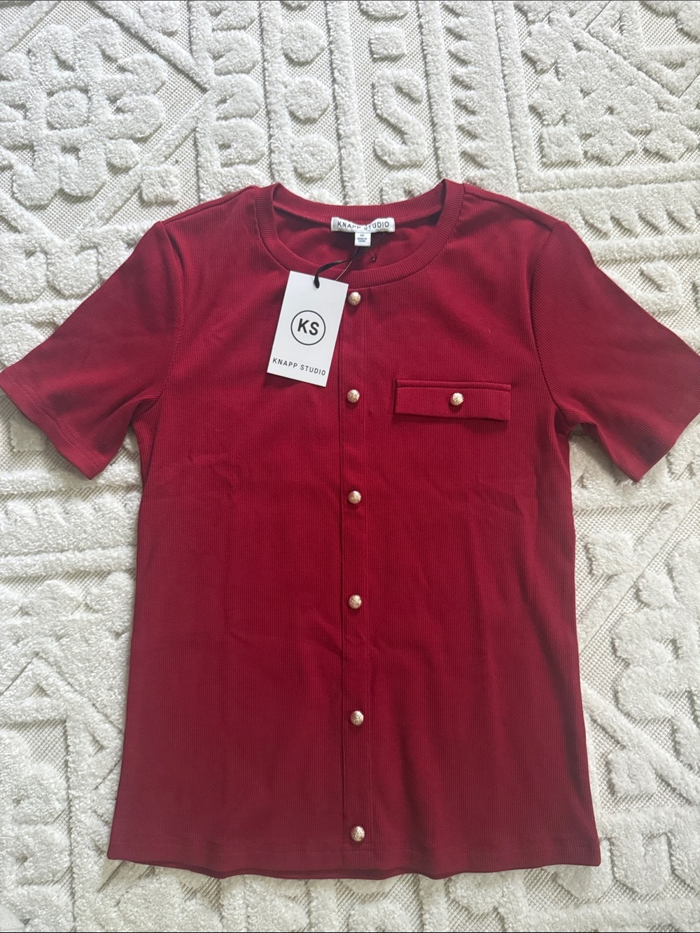 NWT Knapp Studio Ribbed Top Gold Button Details Medium